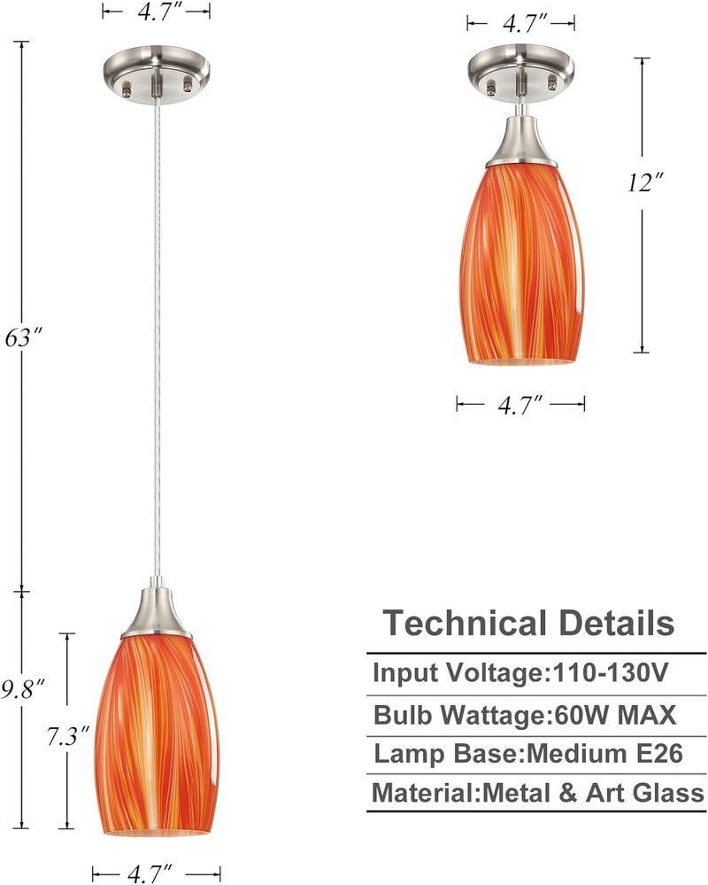 karyfine Glass Pendants Lights Kitchen Island Handcrafted Art Glass Mini Pendant Light Fixtures Oval Pendant Light Shade with Brush Nickel Finish Adjustable Cord for Kitchen Over Sink,Hallway,Dining/Bath - Image 2